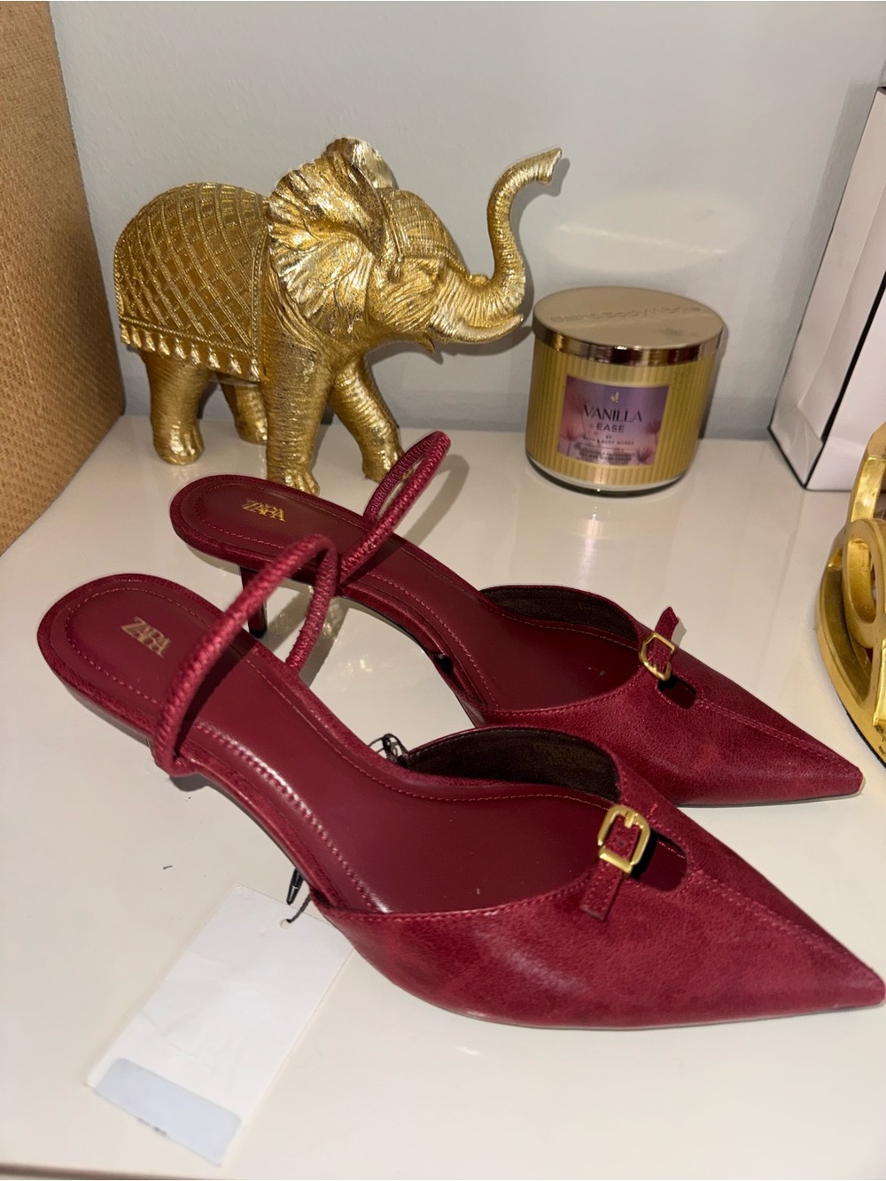 Zara Wine Pointed Slingback Mules with Gold Buckle